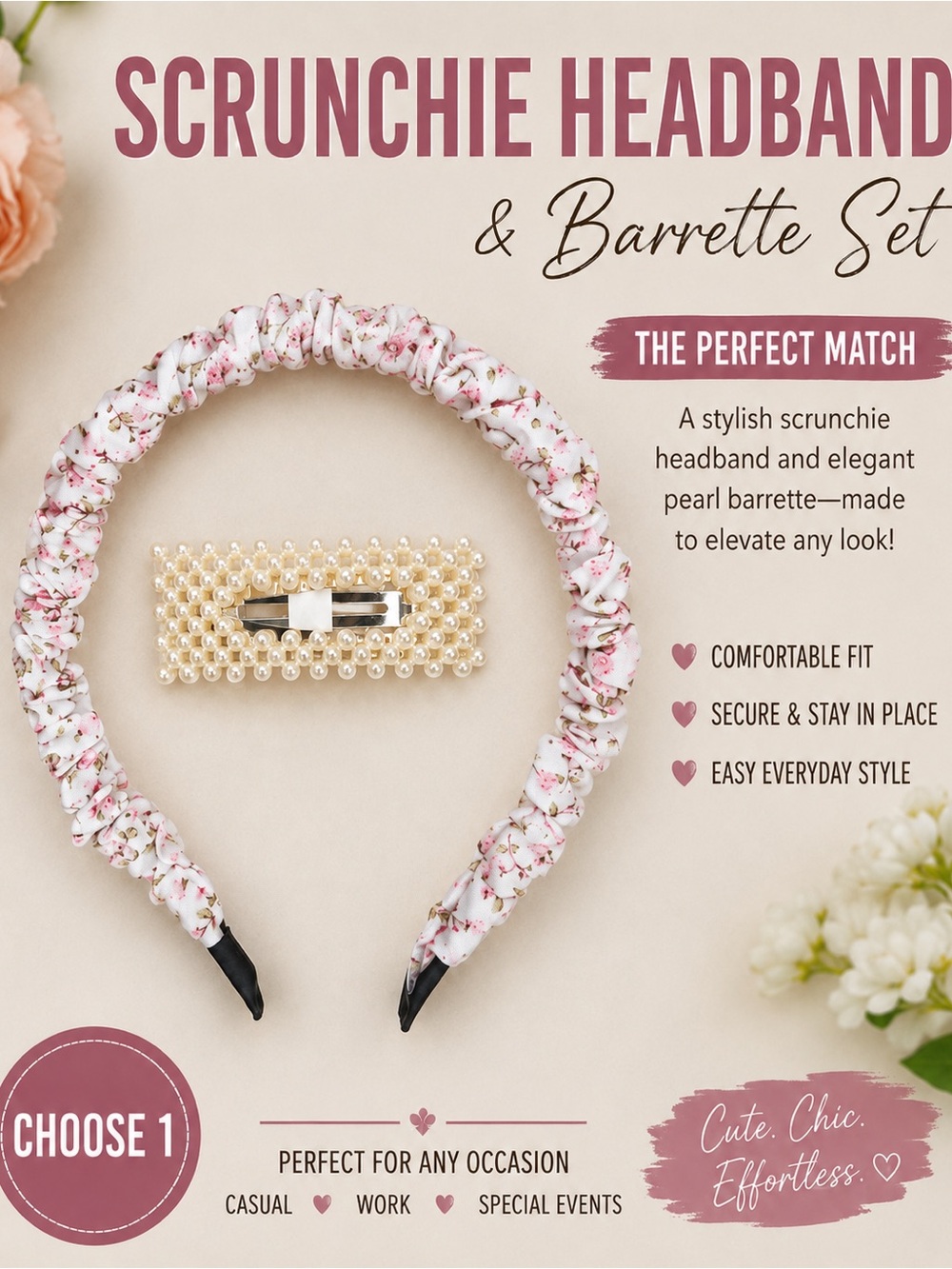 Pink Floral Ruched Headband and Clip Set